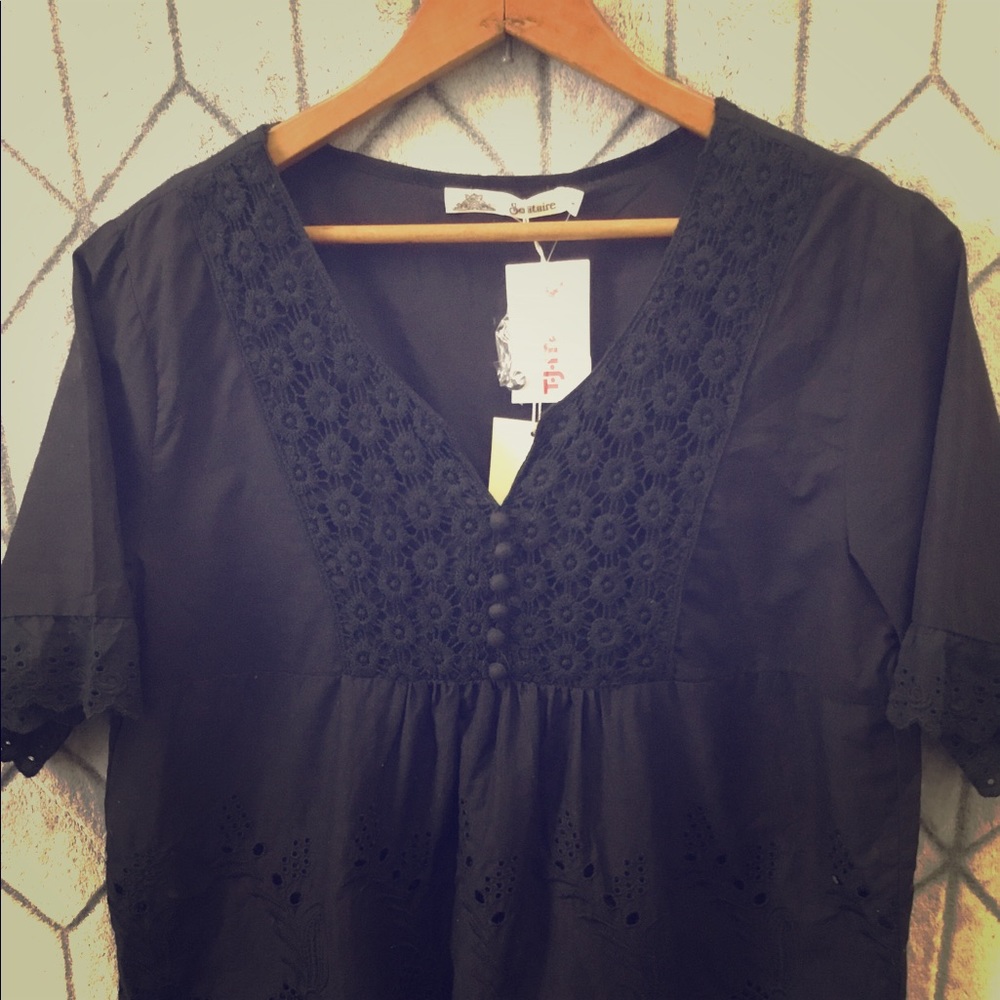 Black Boho Blouse w/embroidery/eyelet